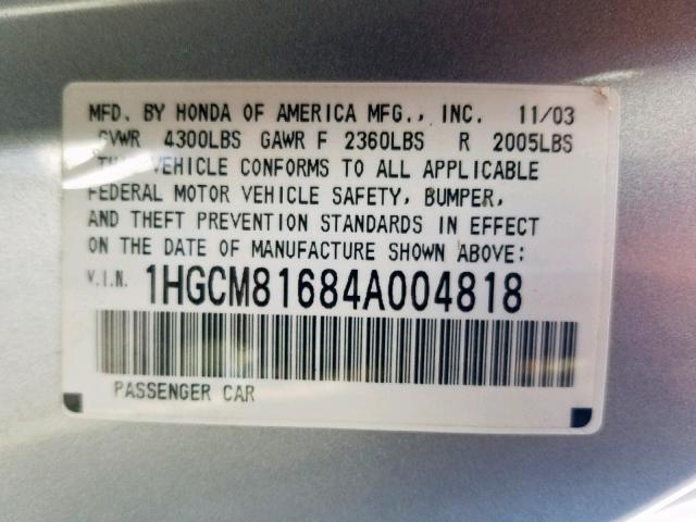 1HGCM81684A004818 - 2004 HONDA ACCORD EX SILVER photo 10