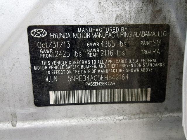 5NPEB4AC5EH842164 - 2014 HYUNDAI SONATA GLS SILVER photo 10