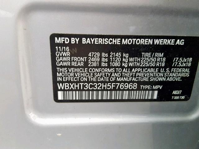 WBXHT3C32H5F76968 - 2017 BMW X1 XDRIVE2 SILVER photo 10