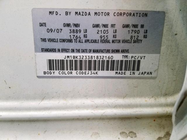 JM1BK323381832160 - 2008 MAZDA 3 S WHITE photo 10