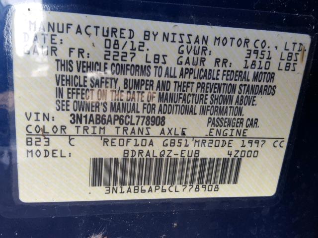 3N1AB6AP6CL778908 - 2012 NISSAN SENTRA 2.0 BLUE photo 10