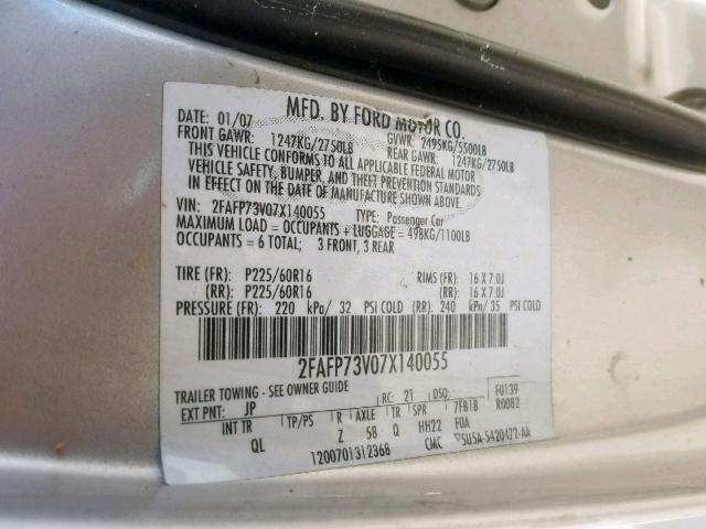 2FAFP73V07X140055 - 2007 FORD CROWN VICT SILVER photo 10