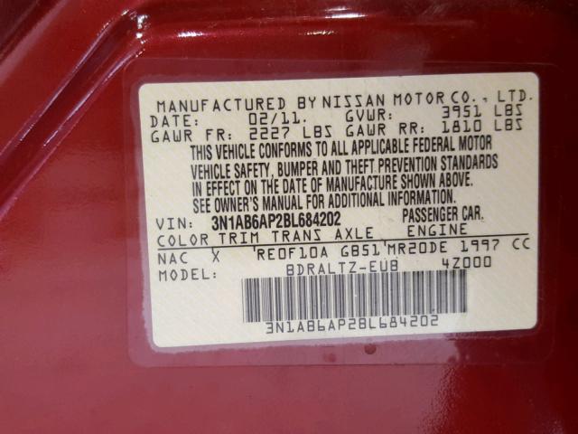 3N1AB6AP2BL684202 - 2011 NISSAN SENTRA 2.0 RED photo 10