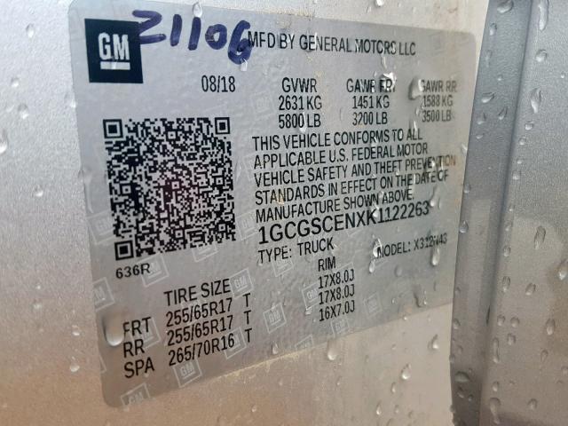 1GCGSCENXK1122263 - 2019 CHEVROLET COLORADO L SILVER photo 10