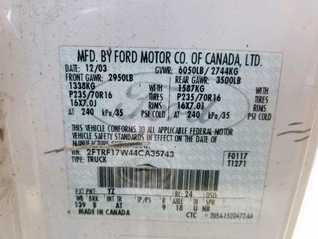 2FTRF17W44CA35743 - 2004 FORD F-150 HERI WHITE photo 10