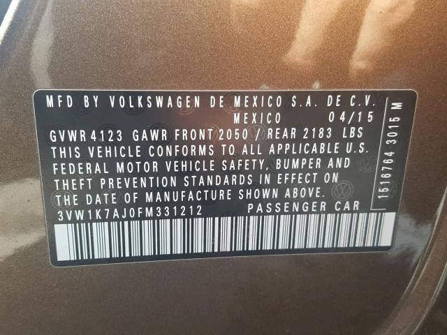 3VW1K7AJ0FM331212 - 2015 VOLKSWAGEN JETTA BASE 棕色 照片 10