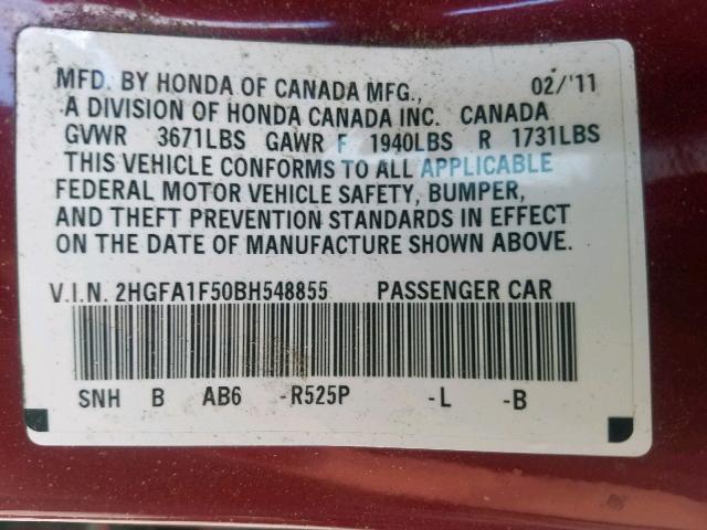 2HGFA1F50BH548855 - 2011 HONDA CIVIC LX RED photo 10