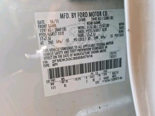 2FMDK3GC8BBB57916 - 2011 FORD EDGE SE WHITE photo 10