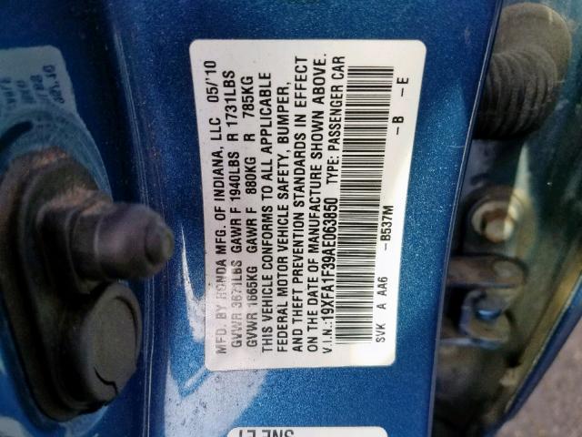 19XFA1F39AE063850 - 2010 HONDA CIVIC VP BLUE photo 10