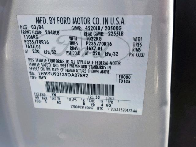 1FMYU93135DA07892 - 2005 FORD ESCAPE XLT SILVER photo 10