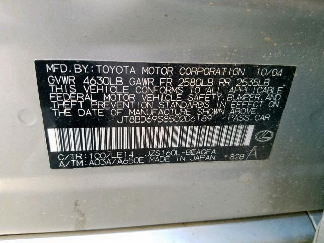 JT8BD69S850206189 - 2005 LEXUS GS 300 SILVER photo 10