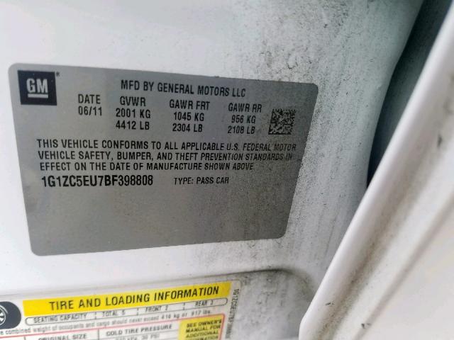 1G1ZC5EU7BF398808 - 2011 CHEVROLET MALIBU 1LT 白色 照片 10