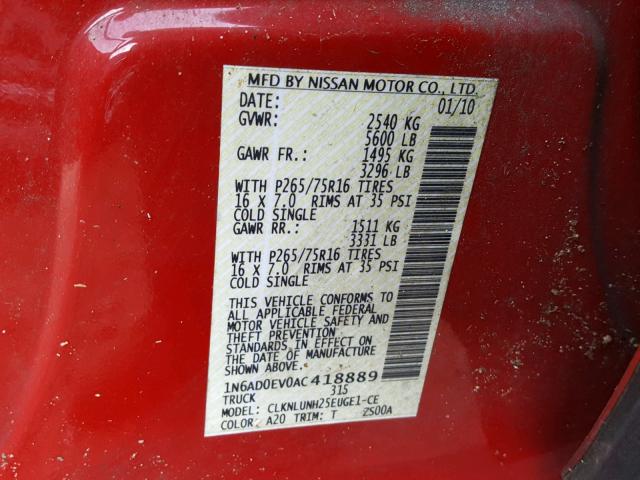 1N6AD0EV0AC418889 - 2010 NISSAN FRONTIER C RED photo 10