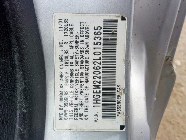 1HGEM22062L015365 - 2002 HONDA CIVIC EX SILVER photo 10