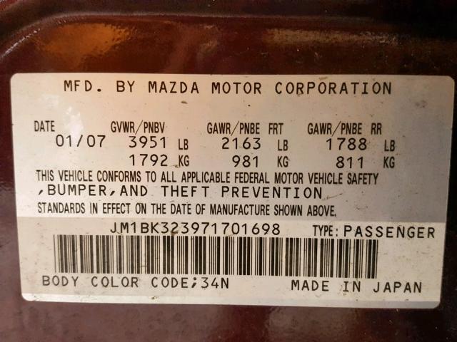 JM1BK323971701698 - 2007 MAZDA 3 S PURPLE photo 10