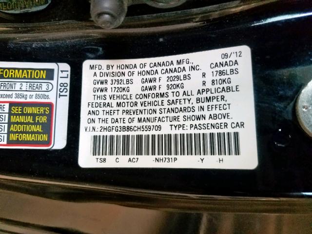 2HGFG3B86CH559709 - 2012 HONDA CIVIC EX BLACK photo 10