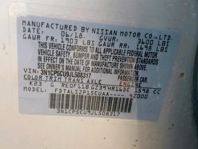 3N1CP5CU9JL508317 - 2018 NISSAN KICKS S SILVER photo 10