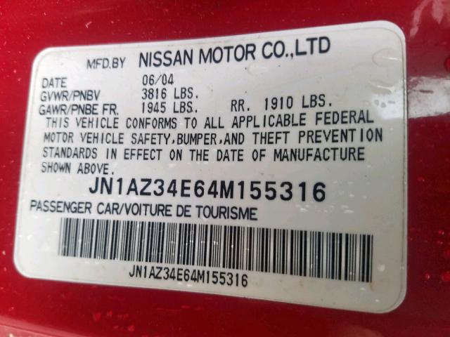 JN1AZ34E64M155316 - 2004 NISSAN 350Z COUPE RED photo 10