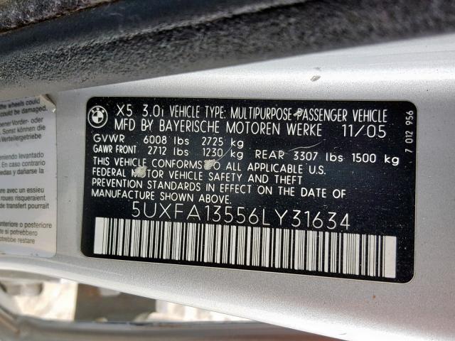 5UXFA13556LY31634 - 2006 BMW X5 3.0I SILVER photo 10