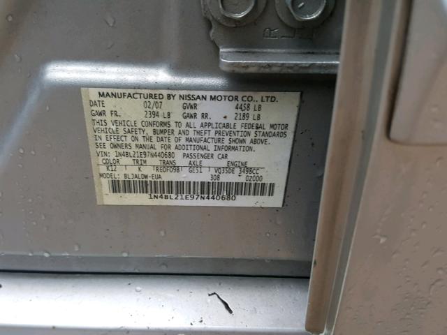 1N4BL21E97N440680 - 2007 NISSAN ALTIMA 3.5 SILVER photo 10