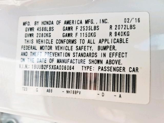 19UUB2F5XGA006064 - 2016 ACURA TLX TECH WHITE photo 10