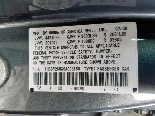 1HGCP268X9A003160 - 2009 HONDA ACCORD EXL GRAY photo 10