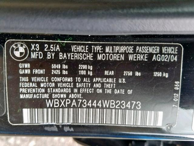 WBXPA73444WB23473 - 2004 BMW X3 2.5I BLACK photo 10