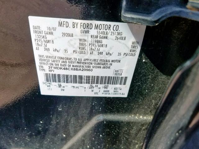 2FMDK48CX8BA20960 - 2008 FORD EDGE SEL BLACK photo 10