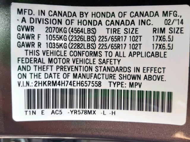 2HKRM4H74EH657558 - 2014 HONDA CR-V EXL GRAY photo 10