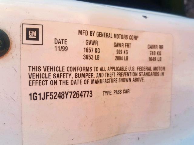 1G1JF5248Y7264773 - 2000 CHEVROLET CAVALIER L WHITE photo 10