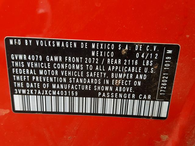 3VW2K7AJXCM403159 - 2012 VOLKSWAGEN JETTA BASE Կարմիր լուսանկար 10
