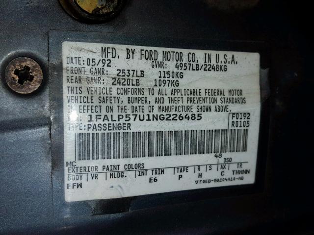 1FALP57U1NG226485 - 1992 FORD TAURUS GL BLUE photo 10