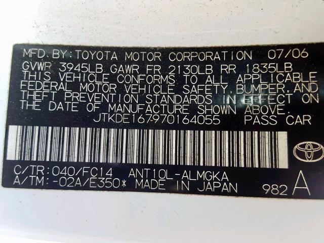 JTKDE167970164055 - 2007 TOYOTA SCION TC თეთრი ფოტო 10
