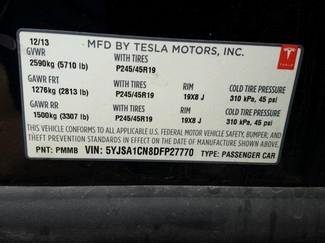 5YJSA1CN8DFP27770 - 2013 TESLA MODEL S BLUE photo 10