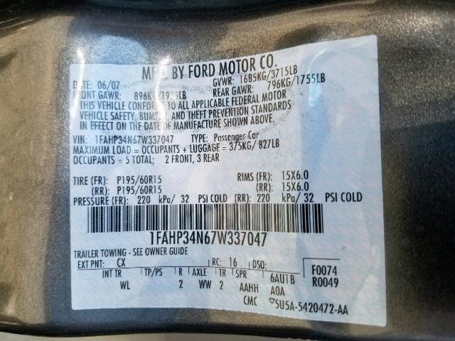 1FAHP34N67W337047 - 2007 FORD FOCUS ZX4 GRAY photo 10