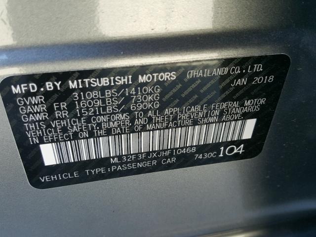 ML32F3FJXJHF10468 - 2018 MITSUBISHI MIRAGE G4 GRAY photo 10