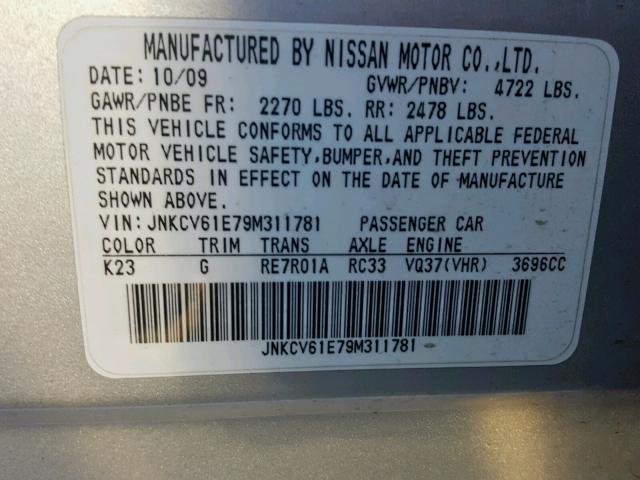 JNKCV61E79M311781 - 2009 INFINITI G37 BASE SILVER photo 10