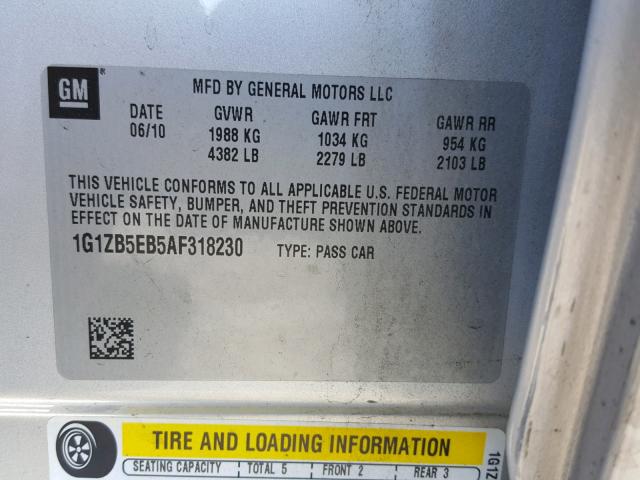 1G1ZB5EB5AF318230 - 2010 CHEVROLET MALIBU LS 银色 照片 10