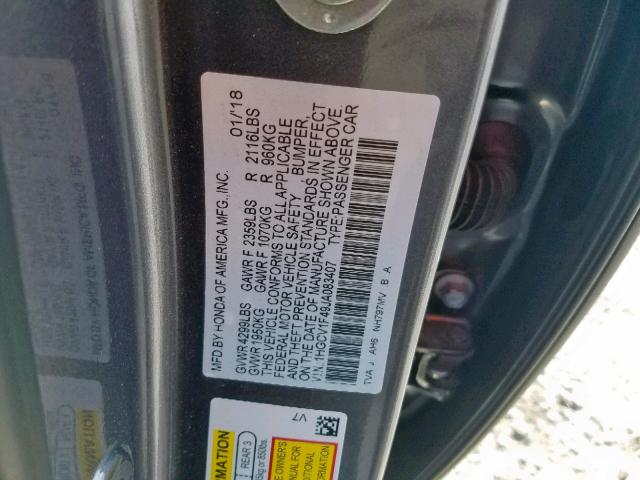 1HGCV1F49JA083407 - 2018 HONDA ACCORD EX GRAY photo 10