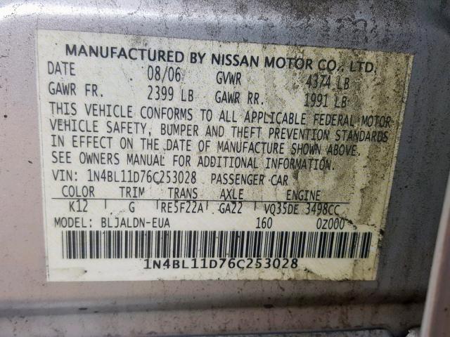 1N4BL11D76C253028 - 2006 NISSAN ALTIMA SE SILVER photo 10