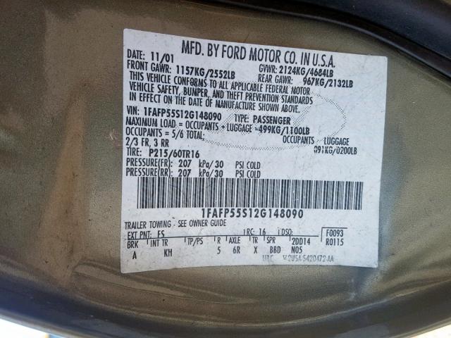 1FAFP55S12G148090 - 2002 FORD TAURUS SES GRAY photo 10