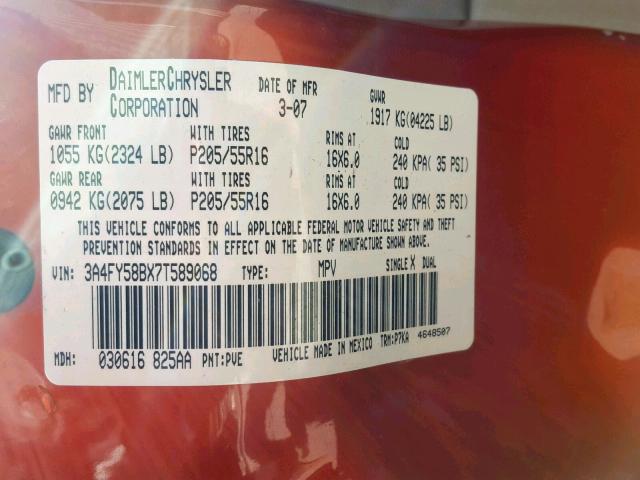 3A4FY58BX7T589068 - 2007 CHRYSLER PT CRUISER ORANGE photo 10