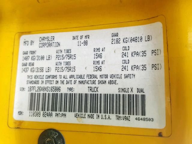 1B7FL26X0XS165806 - 1999 DODGE DAKOTA YELLOW photo 10