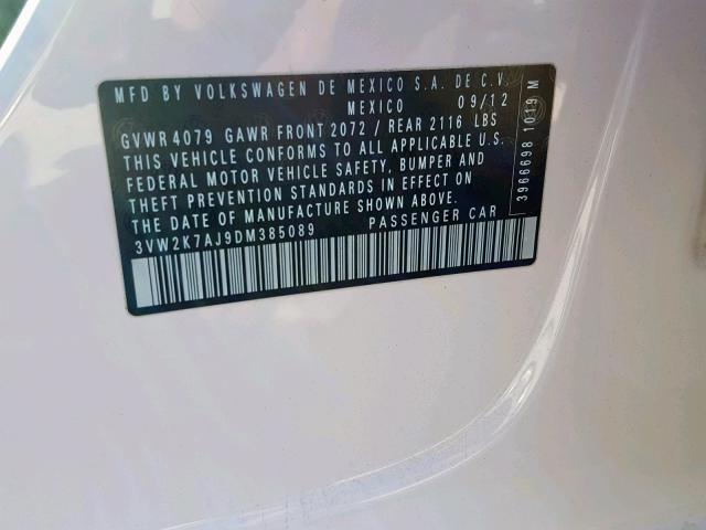 3VW2K7AJ9DM385089 - 2013 VOLKSWAGEN JETTA BASE 白色 照片 10
