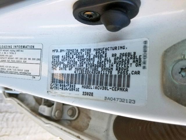 4T1BE32K42U011178 - 2002 TOYOTA CAMRY LE WHITE photo 10
