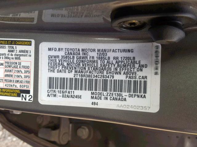 2T1BR38E34C263479 - 2004 TOYOTA COROLLA CE GRAY photo 10