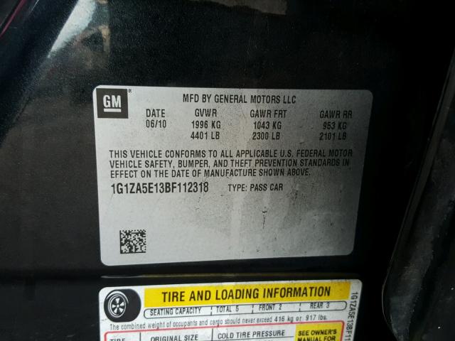 1G1ZA5E13BF112318 - 2011 CHEVROLET MALIBU LS 黑色 照片 10