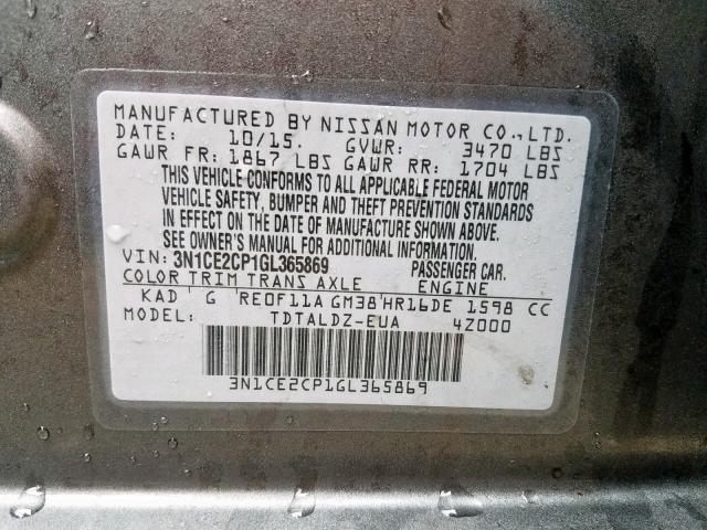 3N1CE2CP1GL365869 - 2016 NISSAN VERSA NOTE CHARCOAL photo 10