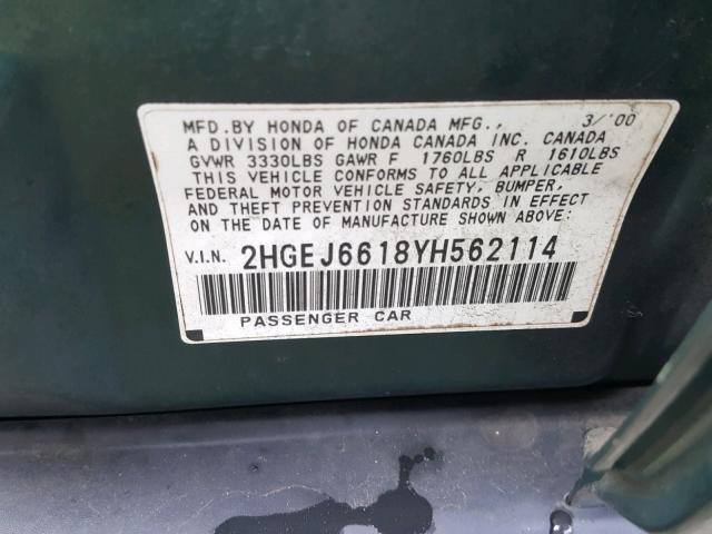 2HGEJ6618YH562114 - 2000 HONDA CIVIC BASE Yaşıl foto 10