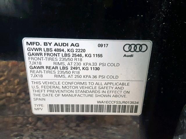 WA1ECCFS3JR013534 - 2018 AUDI Q3 PREMIUM BLACK photo 10